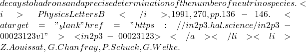 decays to hadrons and a precise determination of the number of neutrino species. <i>Physics Letters B</i>, 1991, 270, pp.136-146. <a target="_blank" href="https://in2p3.hal.science/in2p3-00023123v1">⟨in2p3-00023123⟩</a></li><li>Z. Aouissat, G. Chanfray, P. Schuck, G. Welke.