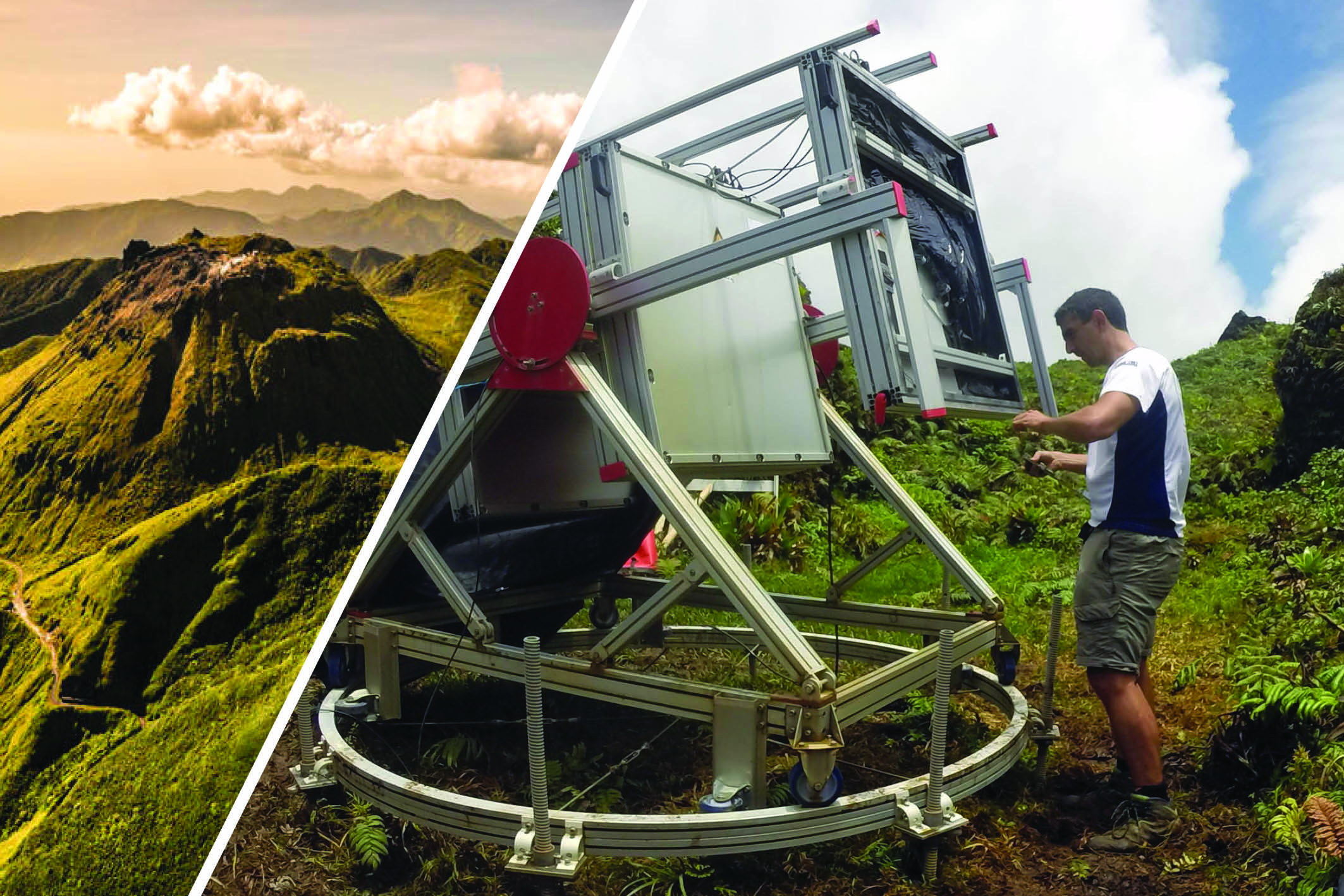 Vue sur un volcan à gauche. À droite, quelqu'un installant l'appareil de détection, sur flanc de montagne