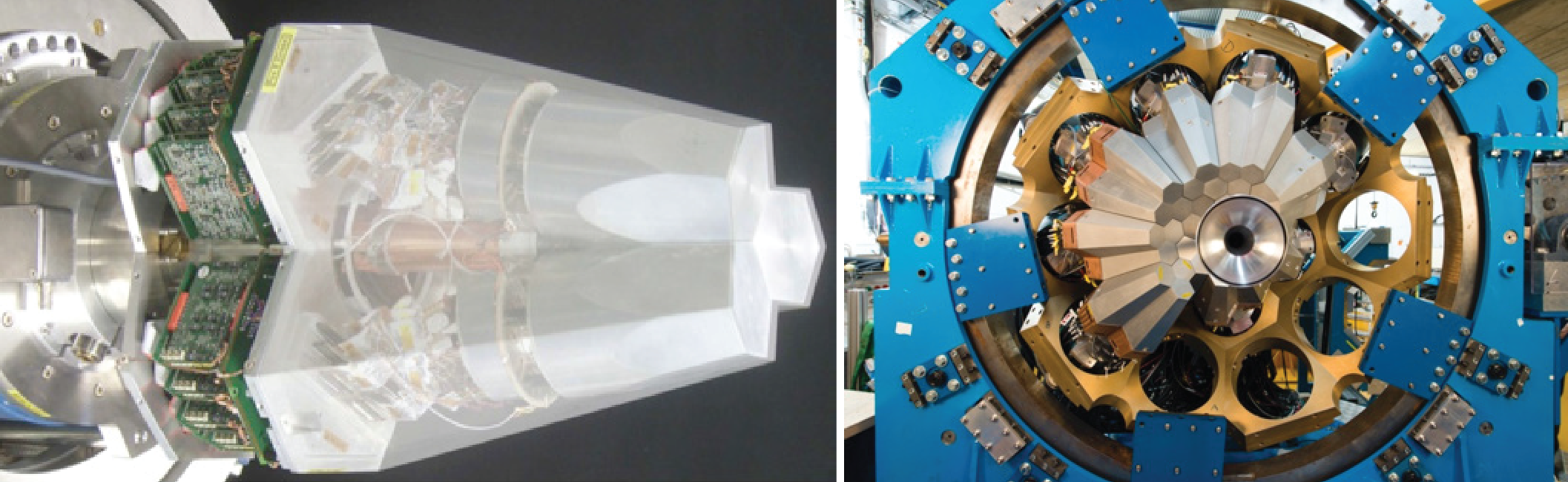 2 photos : à gauche brique de base du détecteur AGATA cristal semi-conducteur de Germanium en forme de tube plein de section hexagonal, à droite le détecteur AGATA vue de face structure en nid d'abeille concave